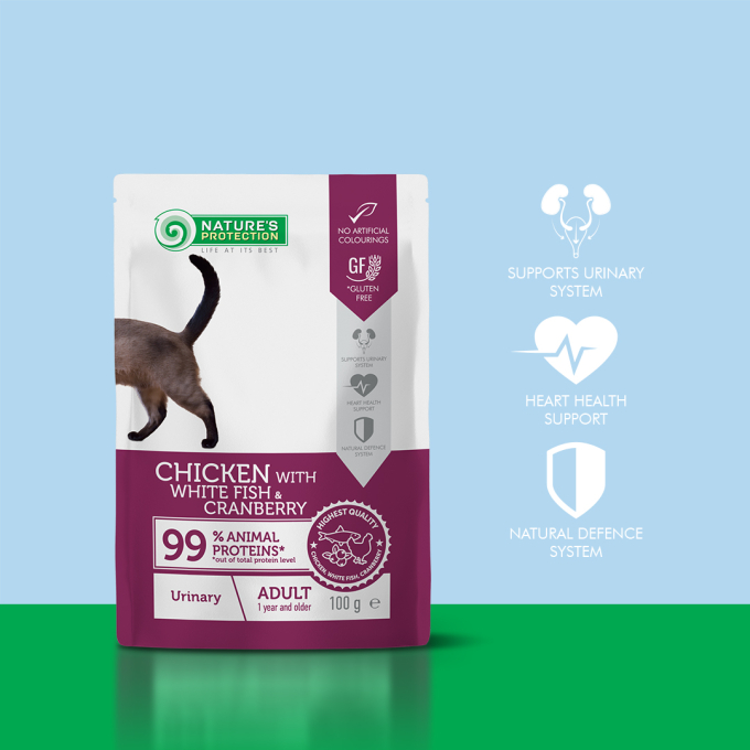 canned pet food with chicken, white fish and cranberry for adult cats to support a healthy urinary system - 1