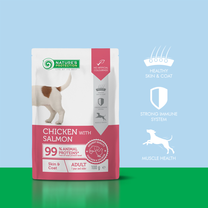 canned pet food with chicken and salmon for adult dogs, to support healthy skin and coat - 1