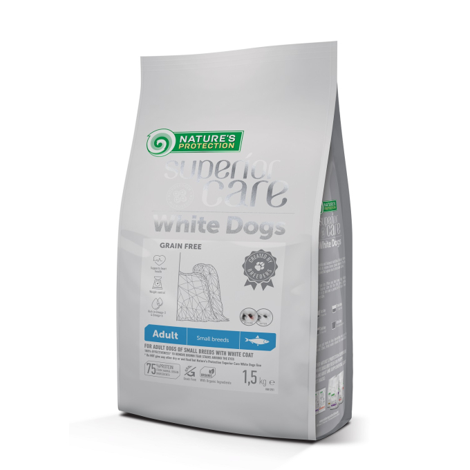 dry grain free food for adult dogs of small breeds with white coat, with herring  - 0