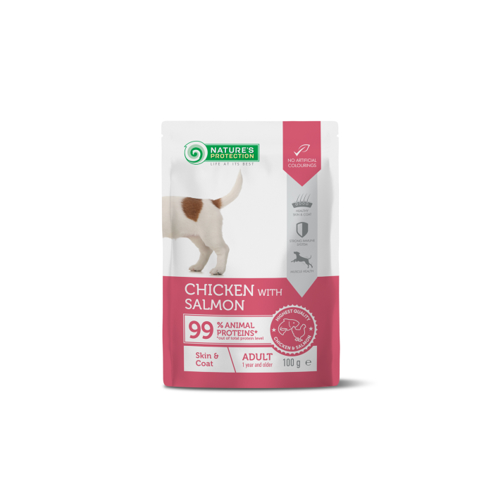 canned pet food with chicken and salmon for adult dogs, to support healthy skin and coat - 0