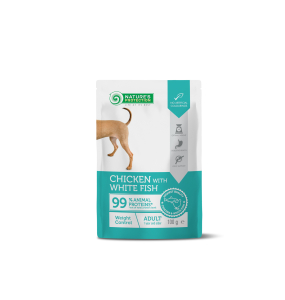 canned pet food with chicken and white fish for adult dogs, for weight contro