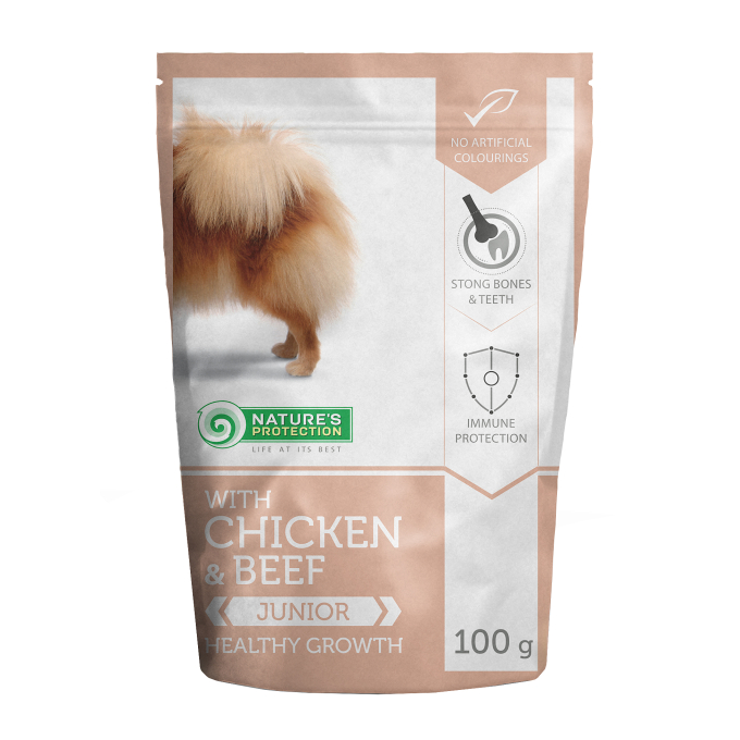 Healthy growth Junior dog With chicken and beef, canned food for junior dog, in a pouch - 0