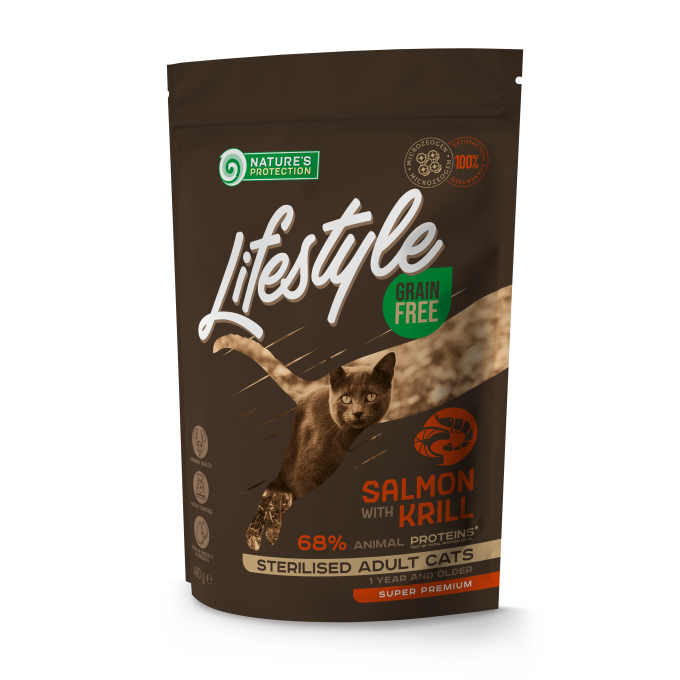 dry grain free food for adult cats with salmon and krill after sterilisation - 0