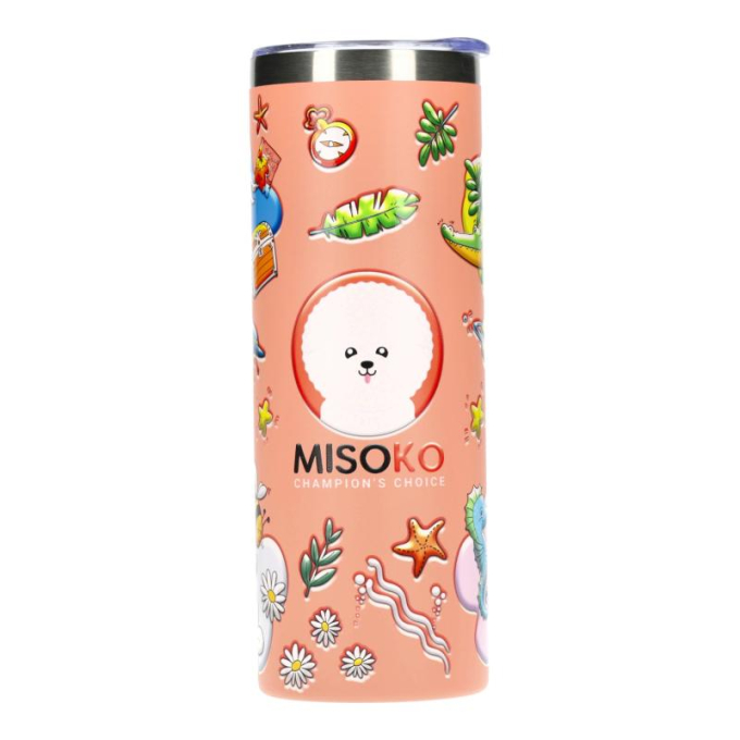 stainless steel water bottle, pink color, with illustrations and lid - 0