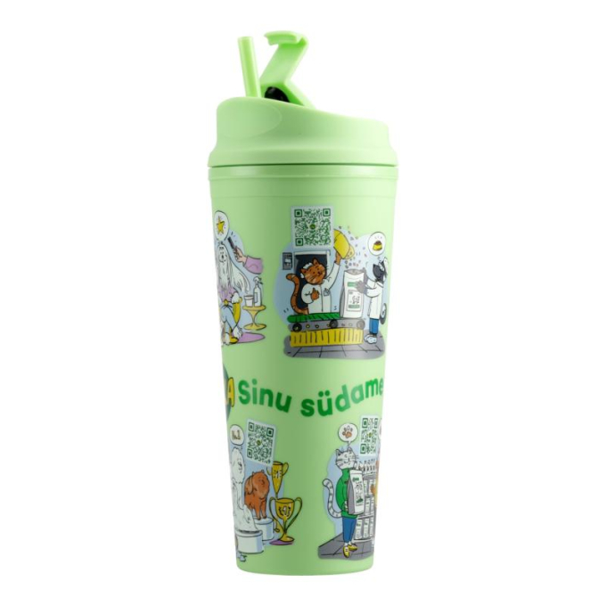 plastic water bottle with illustrations, green color, with straw - 0