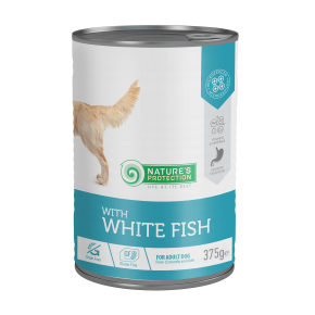 canned pet food for adult dogs with white fish