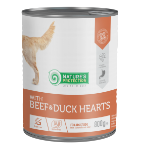 canned pet food for adult dogs with beef and duck hearts