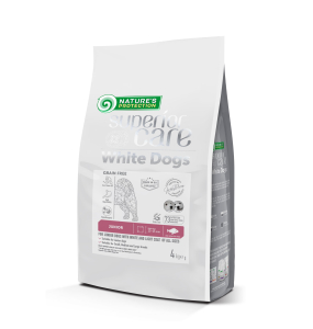 dry grain free pet food with white fish for growing dogs of all sizes with white coat