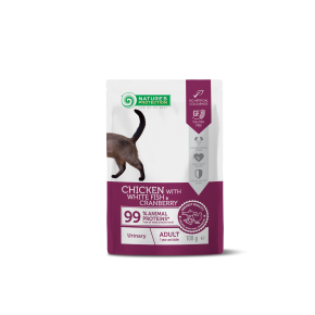 canned pet food with chicken, white fish and cranberry for adult cats to support a healthy urinary system