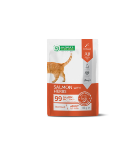 canned pet food with salmon and herbs for adult sterilised cats