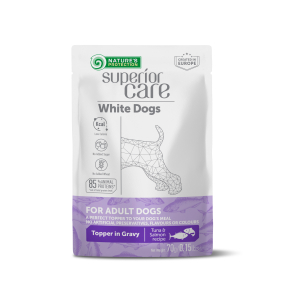 wet food supplement with tuna and salmon for adult white-coated dogs of all breeds