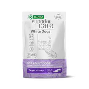 wet food supplement with tuna and salmon for adult white-coated dogs of all breeds