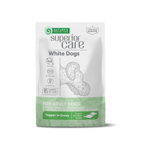 wet food supplement with tuna and sea bass for adult white-coated dogs of all breeds