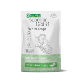 wet food supplement with tuna and sea bass for adult white-coated dogs of all breeds