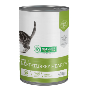 canned pet food for junior cats with beef and turkey hearts