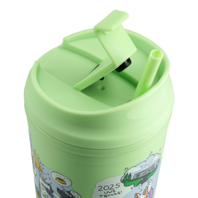 plastic water bottle with illustrations, green color, with straw - 1