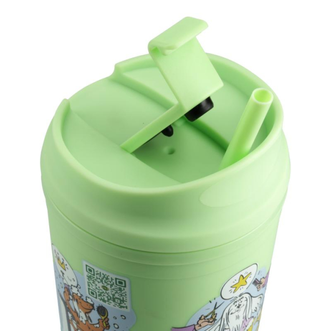 plastic water bottle with illustrations, green color, with straw - 1