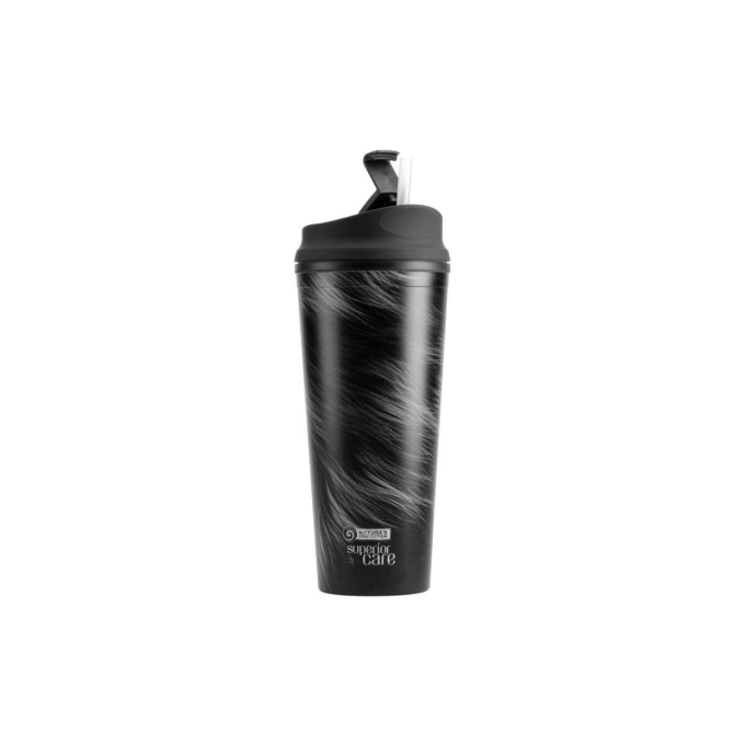 plastic water bottle, with dark coat illustration and straw - 0