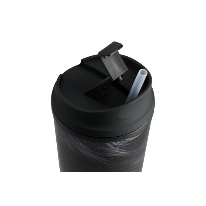 plastic water bottle, with dark coat illustration and straw - 1