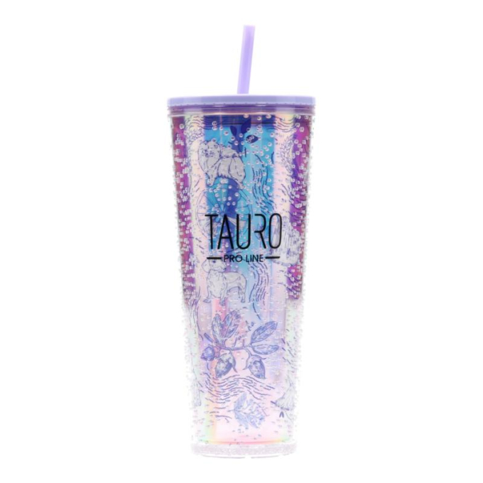 plastic mug with lid and straw, unique design, pink with purple details - 0