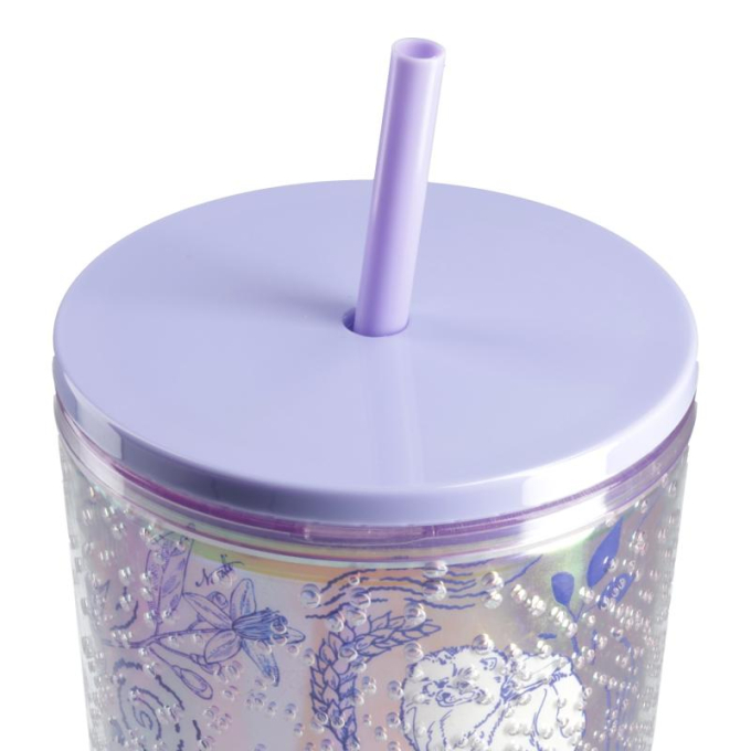 plastic mug with lid and straw, unique design, pink with purple details - 2