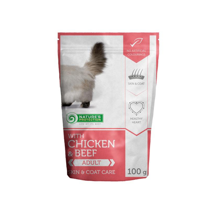 Skin &amp; coat care Adult cat With chicken and beef, canned food for adult cat, in a pouch - 1