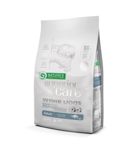 dry food with white fish for adult dogs of large breeds with white coat