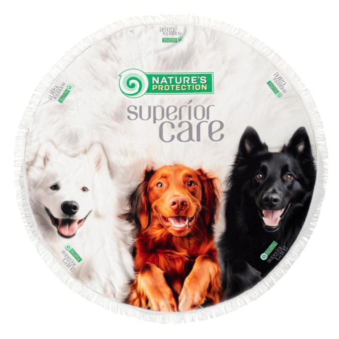 round microfiber towel, unique design, with puppies illustration and fringes - 0