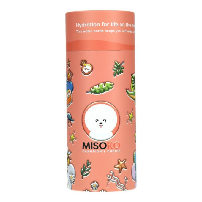 stainless steel water bottle, pink color, with illustrations and lid - 1