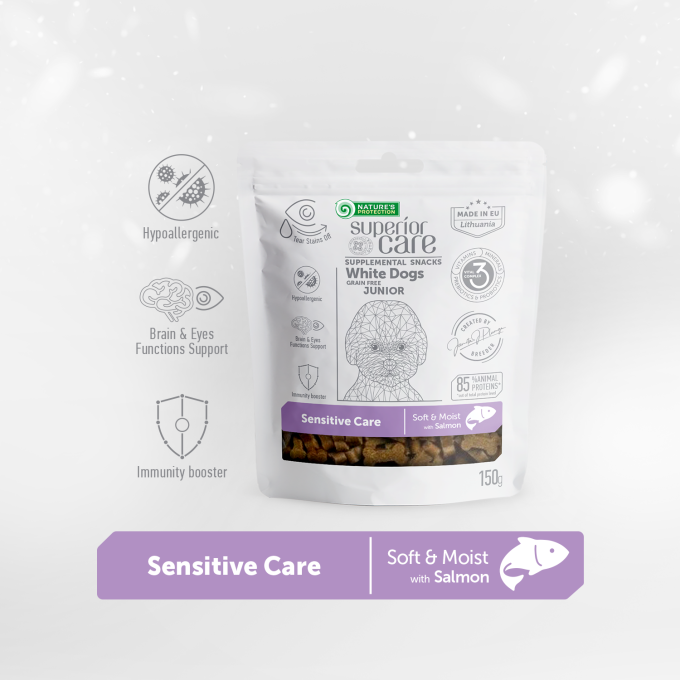 complementary grain free feed - snacks for sensitive care with salmon for junior all breed dogs with white coat - 3