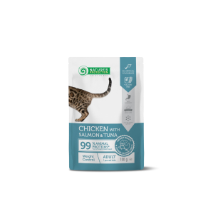canned pet food with chicken, salmon and tuna for adult cats, for weight contro