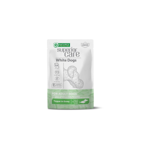 wet food supplement with tuna and sea bass for adult white-coated dogs of all breeds