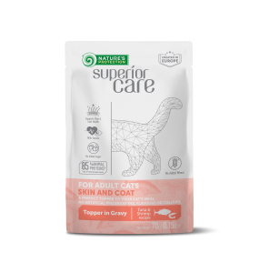 wet food supplement with tuna and shrimp for the skin and coat care of adult cats of all breeds