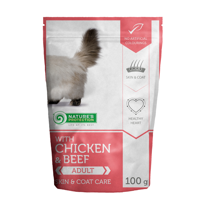 Skin &amp; coat care Adult cat With chicken and beef, canned food for adult cat, in a pouch - 0