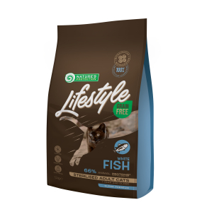 dry grain free food for adult cats with white fish after sterilisation