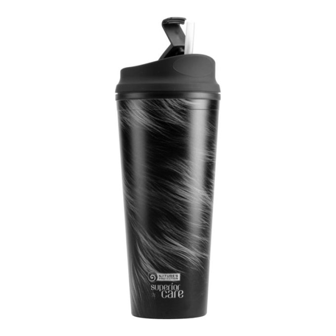 plastic water bottle, with dark coat illustration and straw - 0