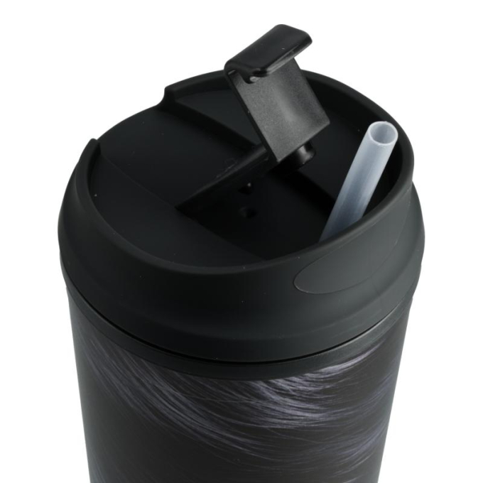 plastic water bottle, with dark coat illustration and straw - 1