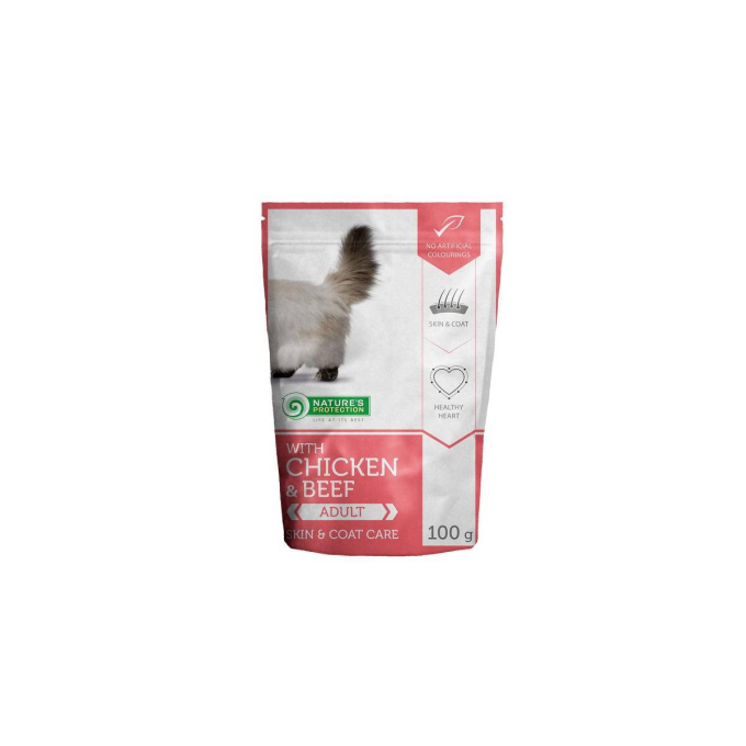 Skin &amp; coat care Adult cat With chicken and beef, canned food for adult cat, in a pouch - 1