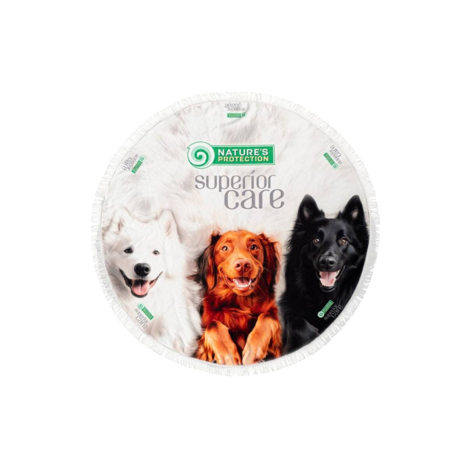 round microfiber towel, unique design, with puppies illustration and fringes - 0